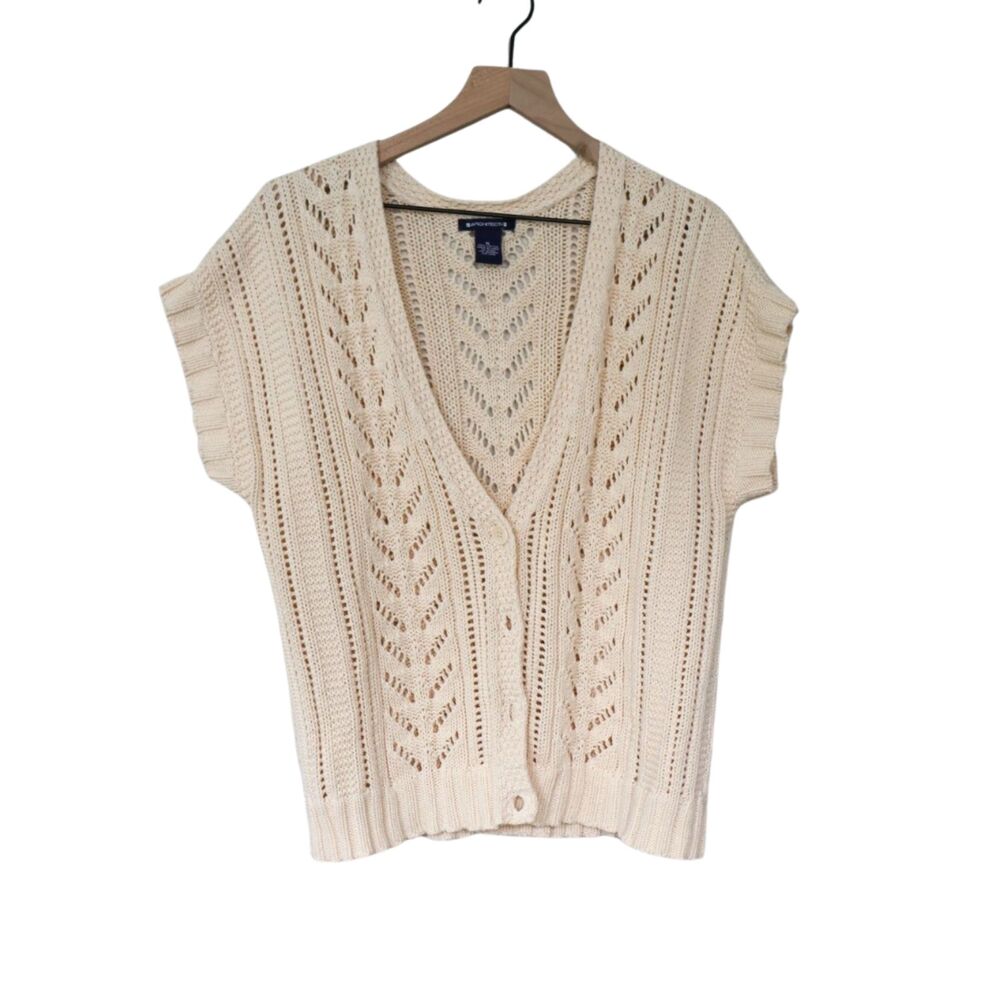 Vintage-Inspired Cream Knit Open Stitch Cardigan Vest XL